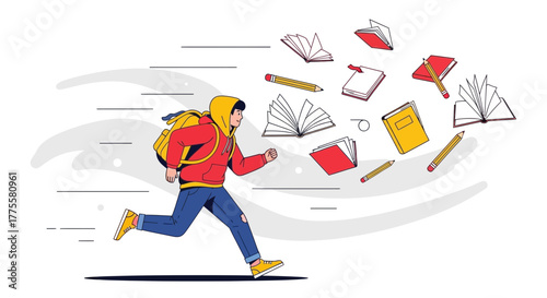 Energetic Student Rushing Forward with Books and Pencils, Embracing Education Zeal