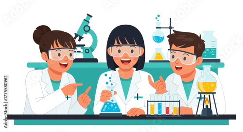 Excited Researchers Discussing Science Experiments With Beakers and Microscopes