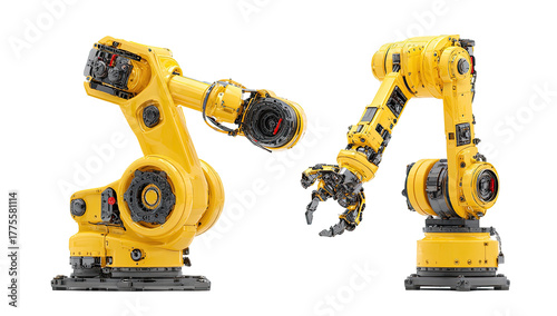 Two yellow industrial robot arms in different positions.  Complex machinery with articulated joints and gripping hands.  Technical design
