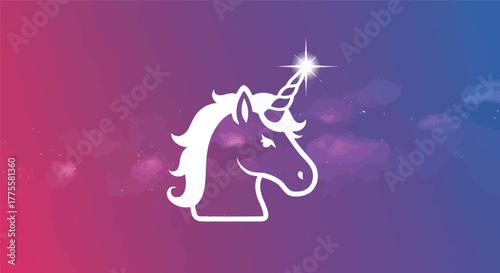 White unicorn silhouette with a sparkling horn against a galaxy background image
