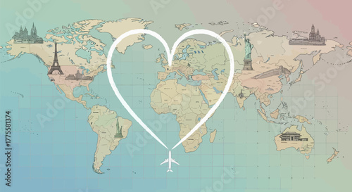 Airplane flying around the world with a heart shaped trail for travel and love
