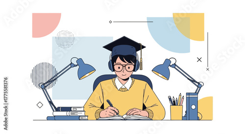 Student Studies Diligently With Academic Hat Ready For Graduation and Achieving Success