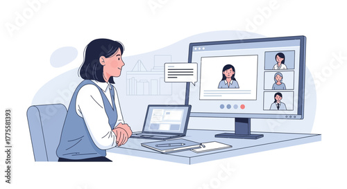 Online Meeting Woman At Desk Conference, Digital Interaction, Communication Vector Graphic
