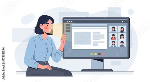 Online Meeting Presenter Illustrating Remote Communication On Desktop Screen In Modern Digital World