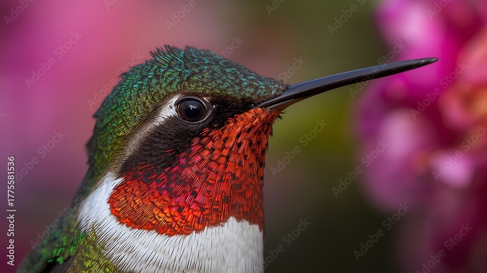 Naklejka premium Close up of a ruby throated hummingbird with vibrant colors against a blurred floral background