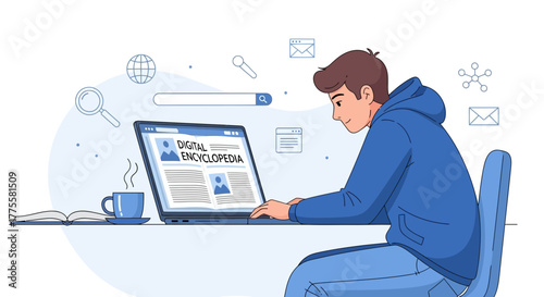 Online Research and Learning Illustrated with a Young Person using a Laptop for Information