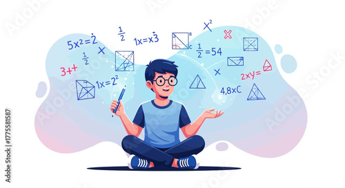 Illustration Of A Student Surrounded By Mathematical Calculations and Geometric Shapes