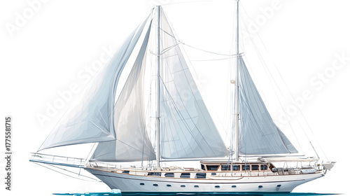 A beautiful sailing yacht on the ocean water, with its sails up, is ready for a summer travel cruise