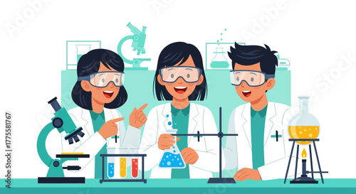Trio Of Scientists Working In A Laboratory, Research And Scientific Study Concepts