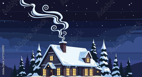 Cozy cabin nestled in a snowy winter landscape under a starry night sky