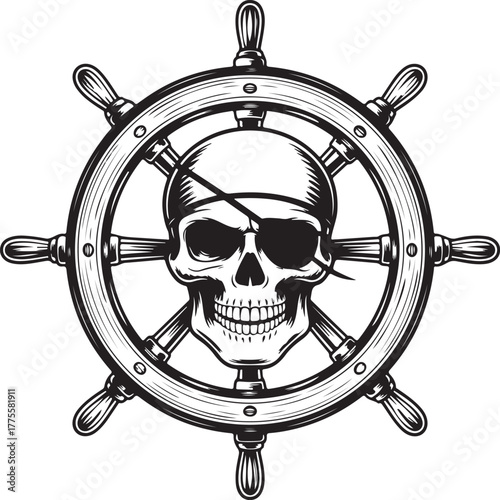 Skull with eyepatch on ship's wheel black and white illustration 1