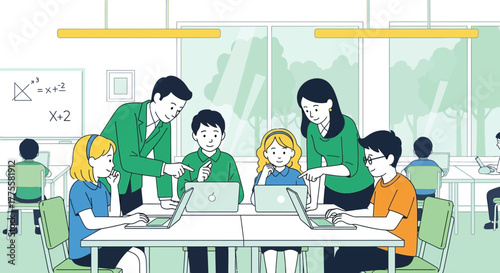 Illustration Of Educating Students With Professors In A Modern Class Setting Environment