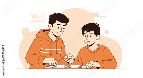 Two Students Studying a Book Together, Sharing a Notebook While Reading and Learning