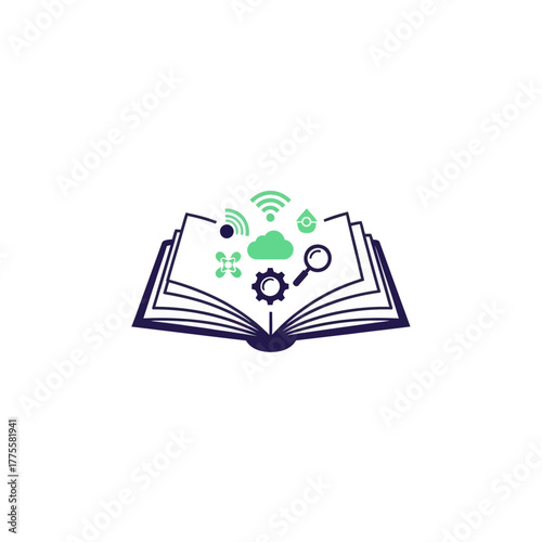 Open book with technology icons representing digital learning and innovation