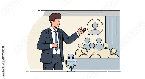 Presenter Delivering Speech During Conference With Audience And Microphone Illustration