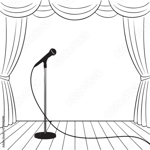 Microphone on stage with curtains and lighting equipment