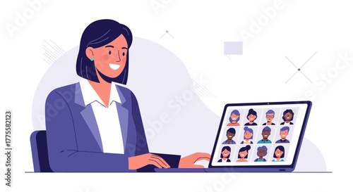 Woman Attending Virtual Meeting With Group of Diverse People on Laptop Screen