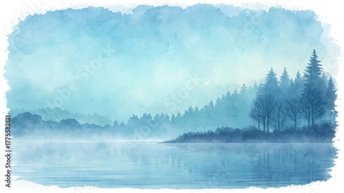 A blue watercolor landscape of a forest and lake with reflection. This abstract vector background shows a peaceful nature scene with water, fog, and trees.