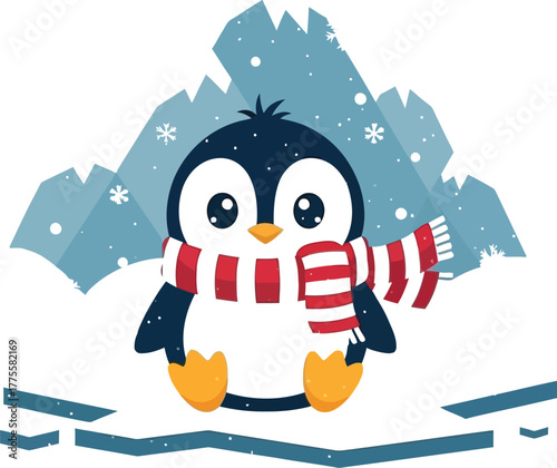 Cute penguin wearing a scarf standing on ice with snowy mountains in the background