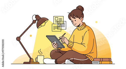 Woman Creates Digital Art Illustration Comfortably Using Tablet In Soft Home Atmosphere