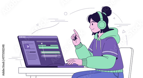 Woman Editing Video Content While Pointing and Wearing Headphones, Working on Laptop.