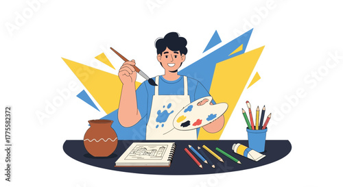 Joyful Painter Holds Brush and Palette Ready to Begin Creating Vibrant Artwork