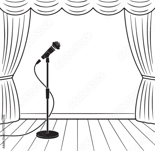 Microphone on stage with spotlight and audio equipment
