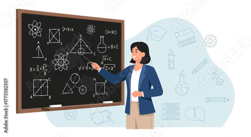 Woman Educator Explaining Complex Mathematical Principles Using a Blackboard in Classroom Setting