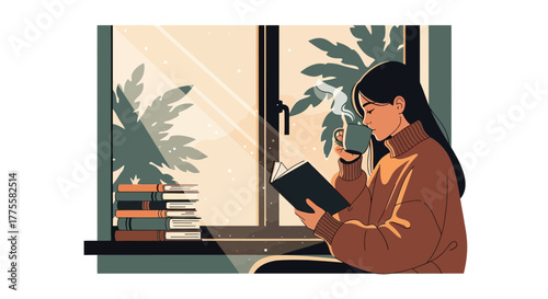 Woman Enjoying Coffee And Reading A Book Near A Window In A Cozy Atmosphere