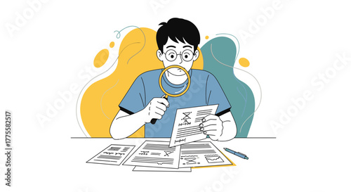 Serious Student Examines Examination Papers With Magnifying Glass Illustration