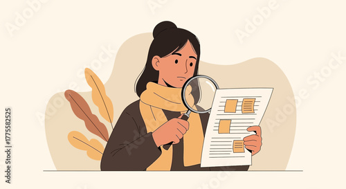 Woman Examines a Document with Magnifying Glass, Illustrating Detailed Analysis