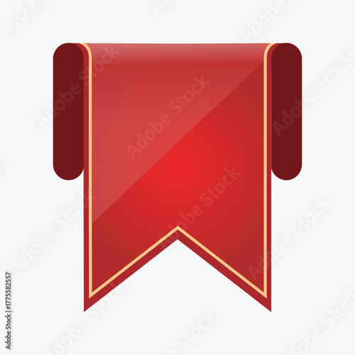 A folded red ribbon with gold edging, presented as a tag or label, isolated on a white background