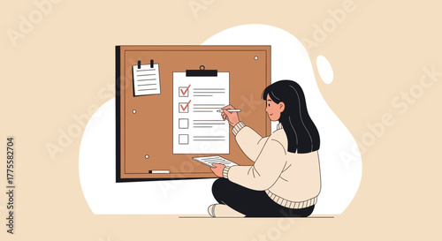 Woman Makes Notes On Checklist Board Showing Organization And Planning For Success