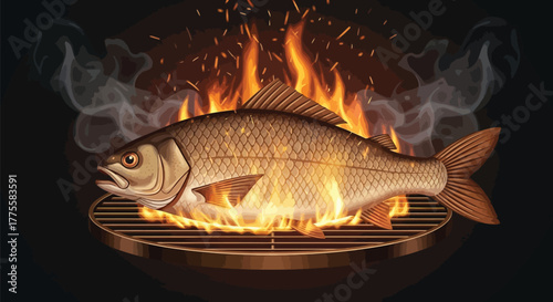 Fresh fish grilling over an open flame on a barbecue for a delicious meal