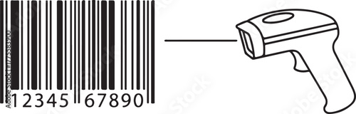 Barcode scanner scanning product code, retail checkout concept, minimalist line art, isolated on white background.