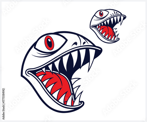 Fierce cartoon monster face with sharp teeth and red eyes roaring aggressively