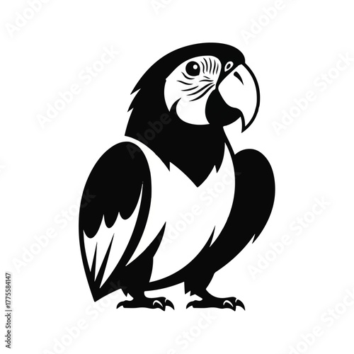 A stylized black and white parrot icon. Simple vector illustration of a tropical macaw bird for a company logo or mascot design
