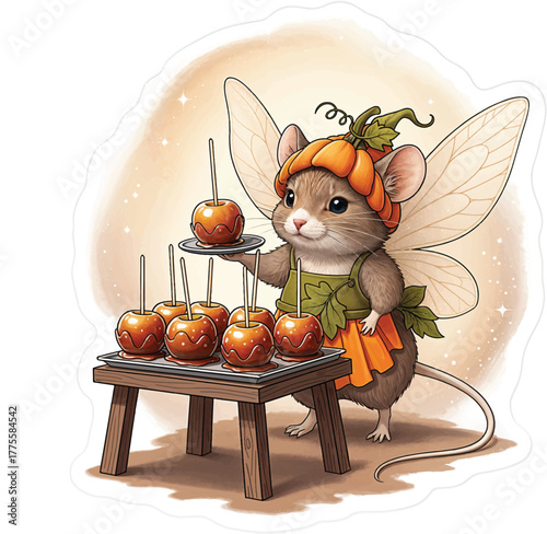 Whimsical autumn fairy mouse with pumpkin hat and apron, presenting a delightful display of homemade candied apples at a charming harvest market