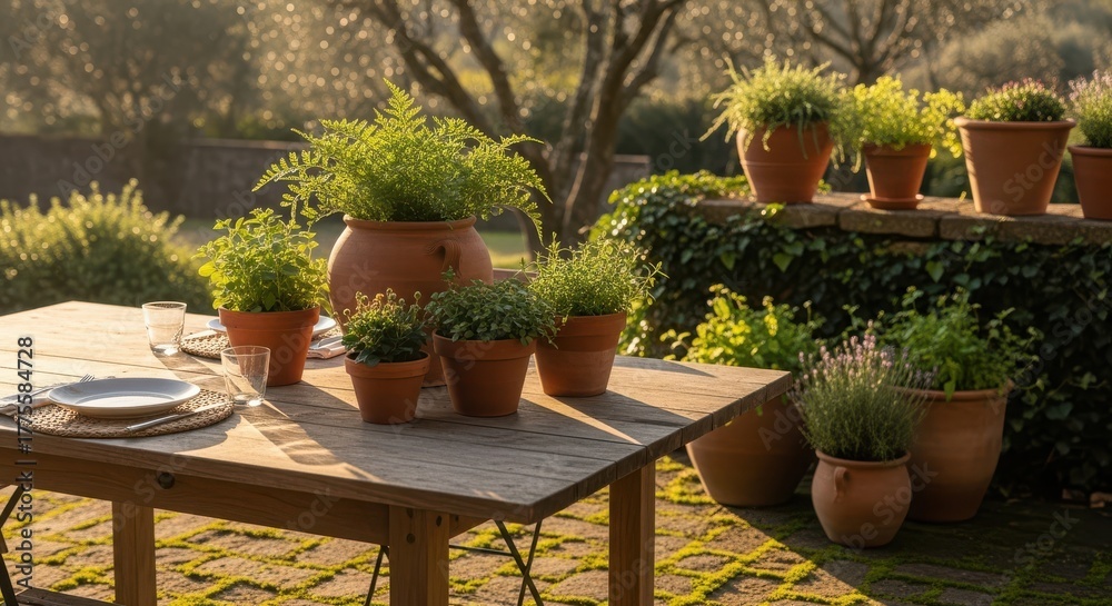 Fototapeta premium Charming outdoor dining scene with potted herbs and plants on a wooden table in a sunlit garden, creating a rustic and inviting atmosphere