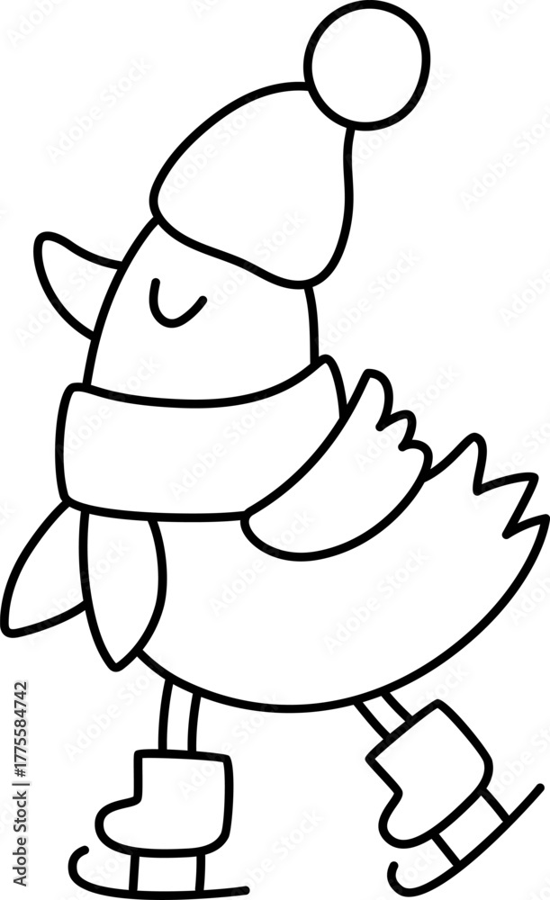 Obraz premium Vector black and white cartoon Christmas bird in warm hat and scarf clipart. Cute new year little sparrow illustration for kids. Winter holiday animal with skates line icon, coloring page