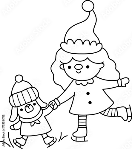 Vector black and white cartoon Christmas ice skating elf girl in hat clipart. new year symbol gnome with little puppy on skates illustration for kids. Winter holiday dwarf line icon, coloring page