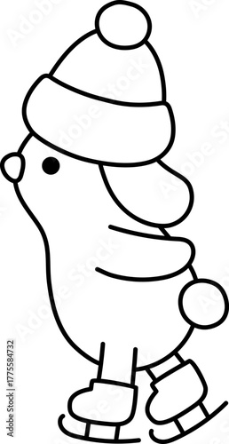 Vector black and white cartoon Christmas ice skating hare in warm hat clipart. Cute new year little rabbit illustration for kids. Winter holiday animal bunny with skates line icon, coloring page