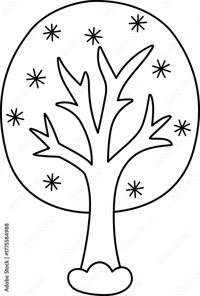 Fototapeta premium Vector black and white cartoon Christmas tree clipart covered with snow and snowflakes. Cute new year symbol illustration for kids. Winter holiday plant line icon, coloring page