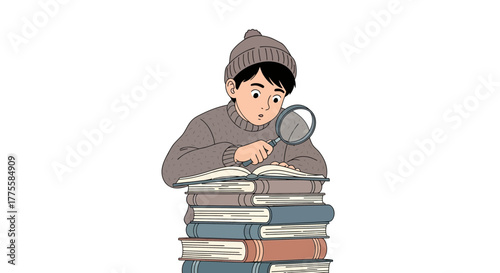Youngster Examining a Big Pile of Books with a Magnifying Glass in Detailed Study