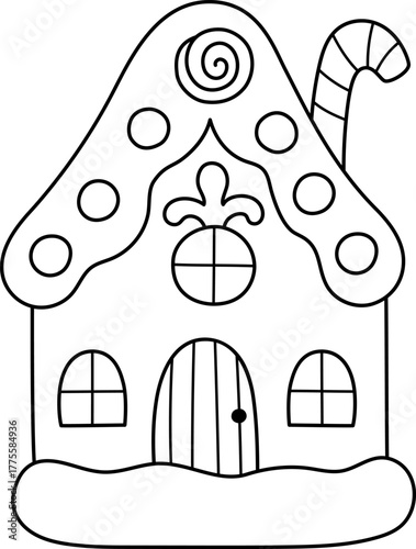 Vector black and white cartoon gingerbread man house decorated with candy cane, icing. Christmas ginger cookie home illustration. New Year, winter holiday cottage line icon, coloring page