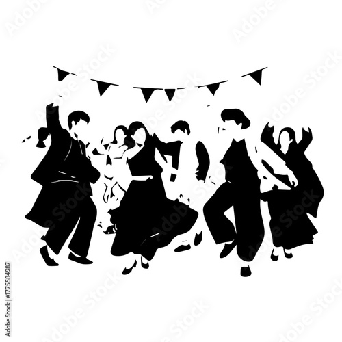 Energetic Silhouettes of Dancers Celebrating Under Festive Banners A Joyful Gathering