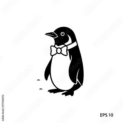 An elegant black and white illustration of a dapper penguin wearing a formal bow tie, presented as a simple and charming character icon