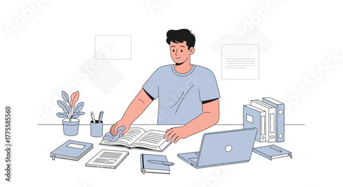 Young Man Cleaning Up The Study Area And Organizing His Study Materials At Home