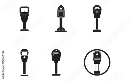 Assorted Parking Meter Icons in Black and White Simple Silhouette Designs for Urban City Street Symbolism