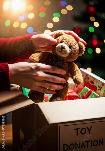 Hand placing teddy bear into toy donation box during Christmas  